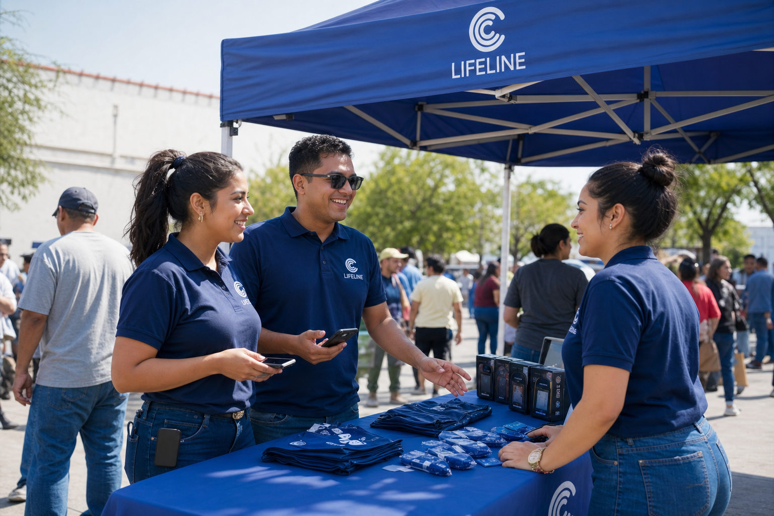 Lifeline agents at branded kiosk distributing free phones