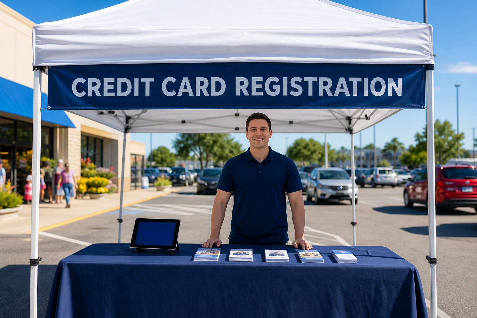 Credit Card Registration canopy booth with agent at community event