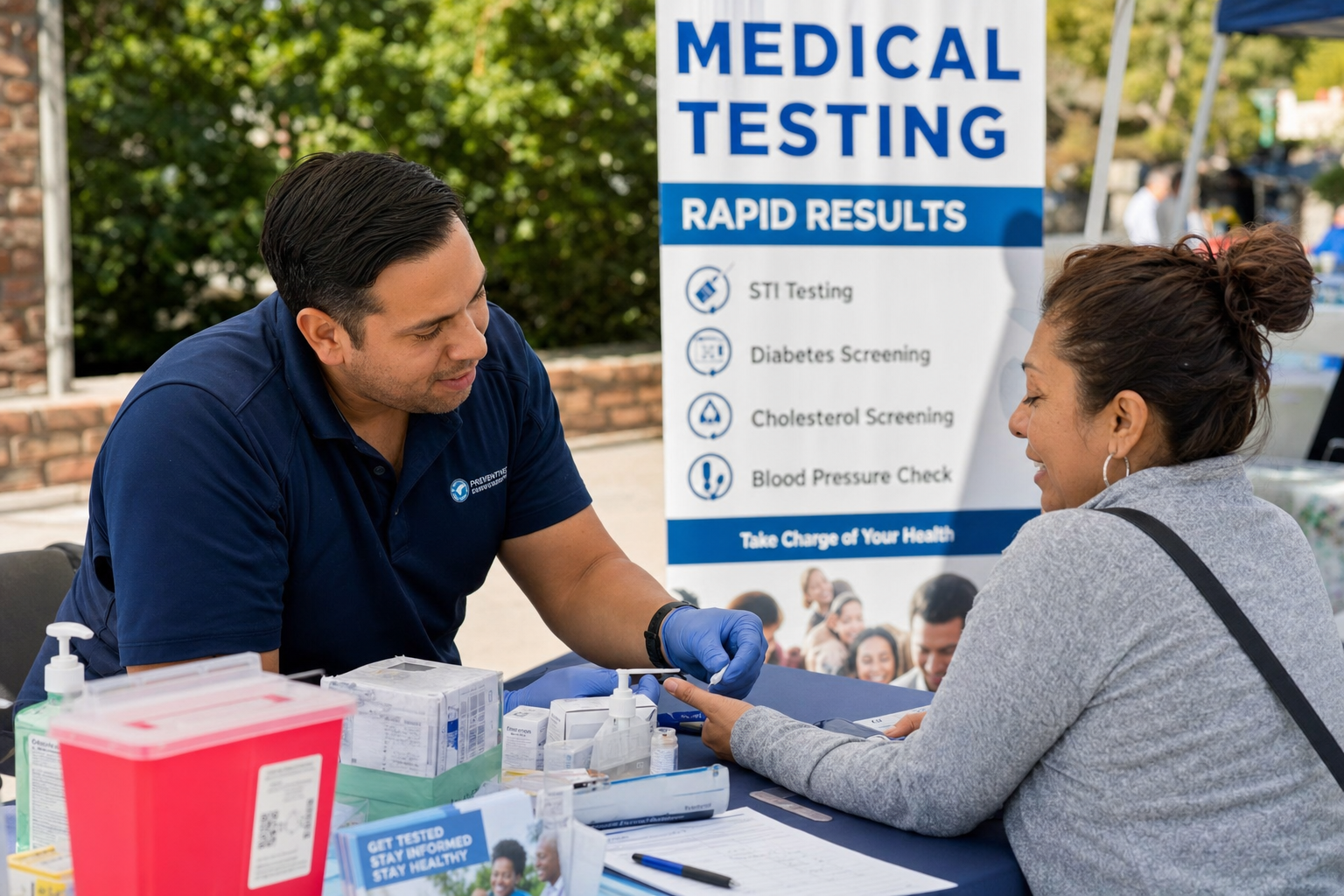 Medical diagnostic outreach booth with dry blood and swab testing