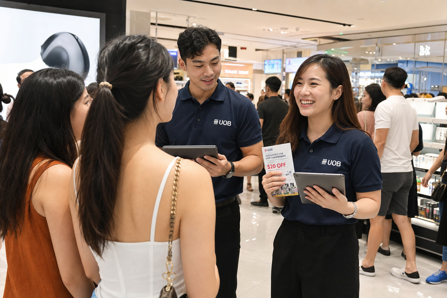 In-store branded kiosk with agents engaging shoppers at a retail activation