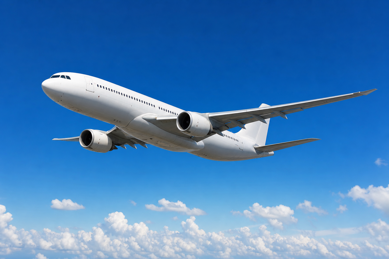 Commercial aircraft in flight against a clear blue sky
