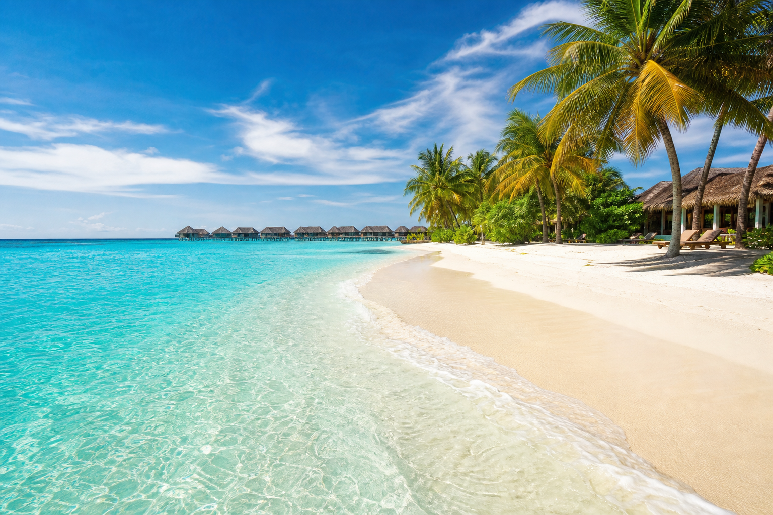 Tropical beach resort with turquoise water and palm trees