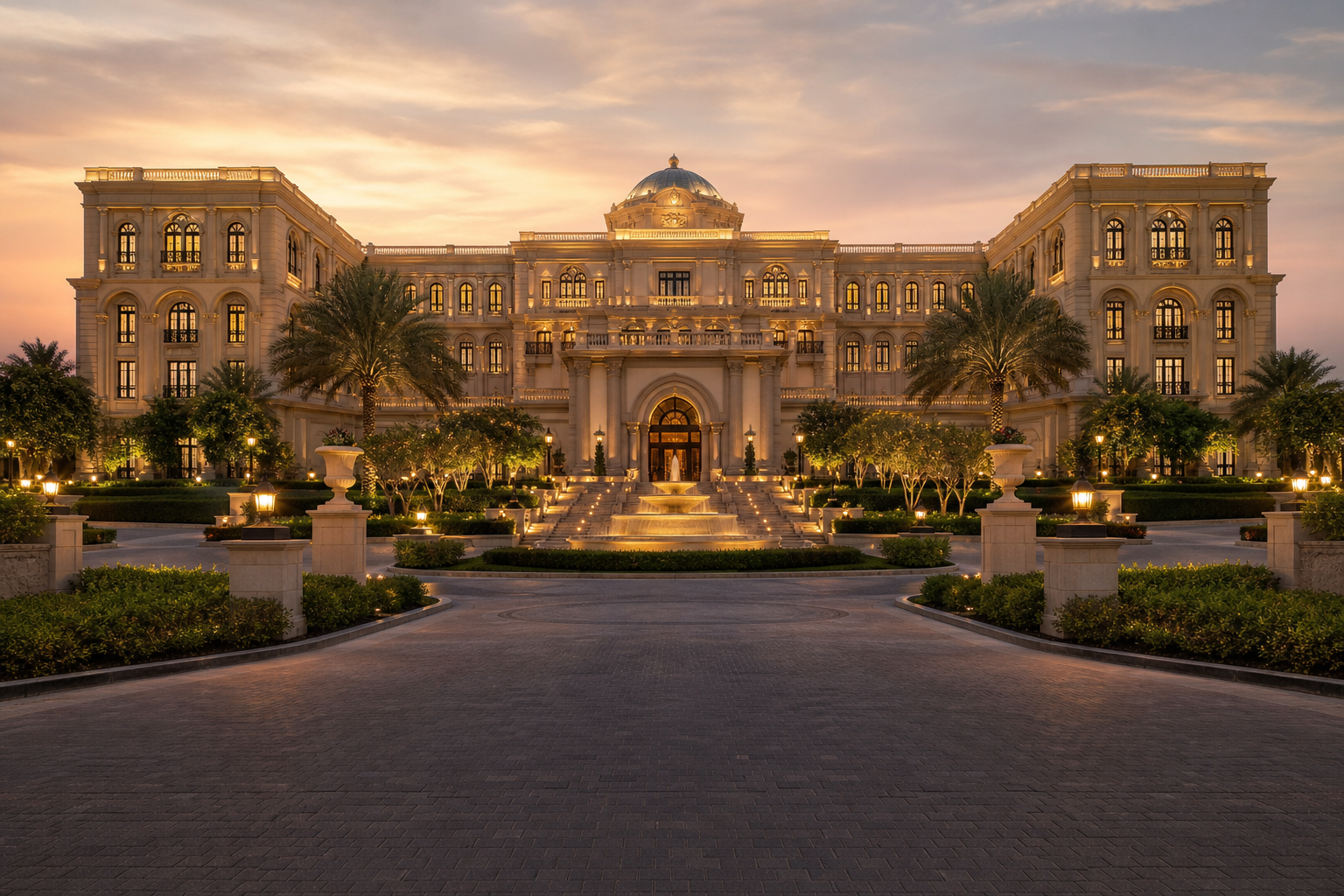 Luxury hotel exterior with elegant entrance and manicured gardens